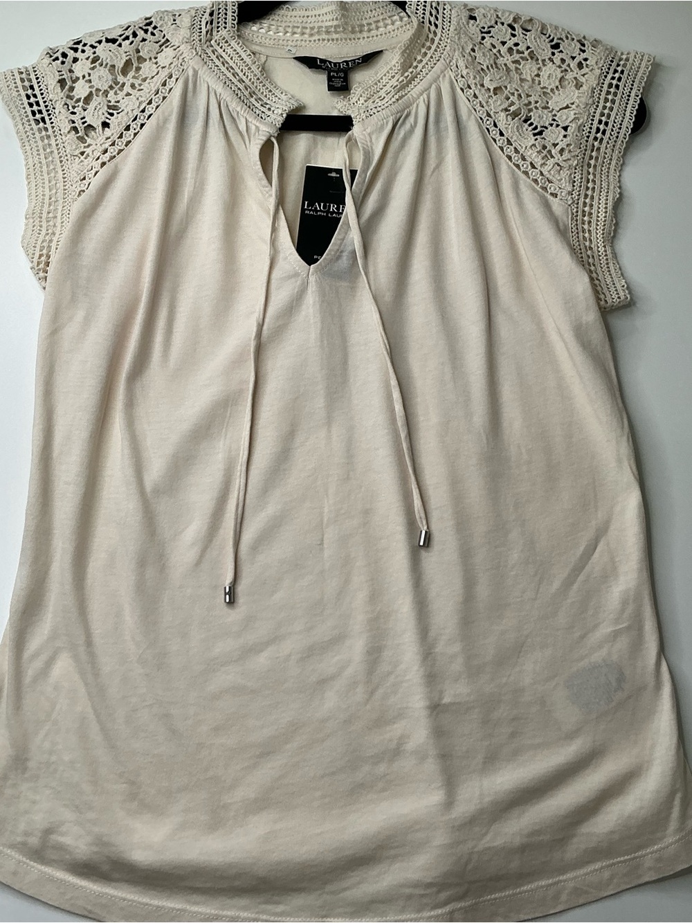 Ralph Lauren Knit Top With Crochet Shoulder Tie Front Black Label Cream PL/G New